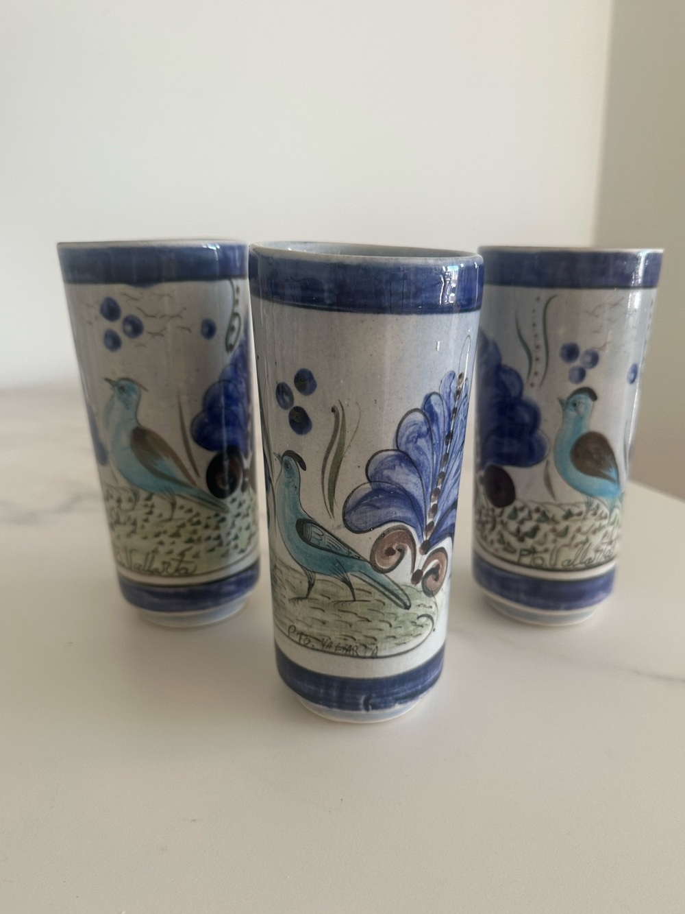 Vintage Tonala Hand Thrown & Painted Blue Bird Clay Tumblers- Set of 3